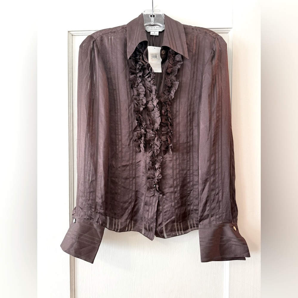Trina Turk | Chocolate Brown Ruffle-Front Silk Button-Up Blouse S
